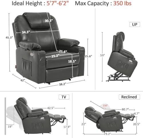 MCombo Oversized Power Lift Recliner Chair for Elderly, Lift Chair with Heat and Massage for Big and Tall, USB&Type C Ports, Cup Holders, Faux Leather R7510 (Grey, Large-Wide) - Image 3