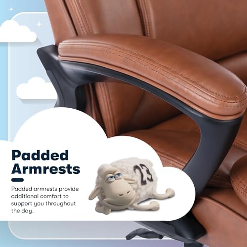 Serta Fairbanks Big & Tall Executive Office Chair, Ergonomic High-Back with Lumbar Support, Semi-Plush Seat Cushion and Body Pillows, Padded Armrests, Nylon Swivel Base, Bonded Leather, Cognac Brown - Image 5