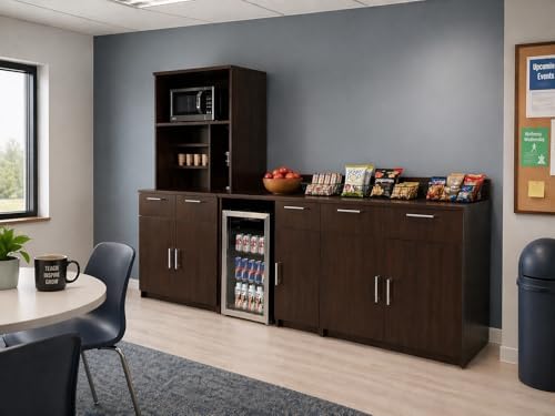 BREAKtime Breakroom Kitchenette Cabinet with 4-Door Storage, Mini Fridge Space & Upper Hutch, Microwave Space, Fully Assembled, 90" W x 24" D x 75" H, Appliances Not Included, Espresso - Image 4