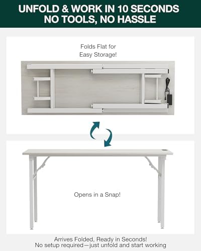 Frylr Small Folding Computer Desk – 55.1 Inch Portable Table for Craft and Study, Lightweight Desk for Small Spaces, Foldable Laptop Table Built-in AC/USB Outlets for Convenience, White Ash - Image 3