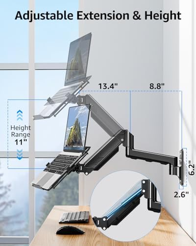 MOUNTUP Laptop Wall Mount, Adjustable Laptop Mount for Max 17" Notebook or Max 32" Monitor, Wall Mount Laptop Holder Holds 4.4-22lbs, 2-in-1 Laptop Arm with Ventilated Tray - Image 4