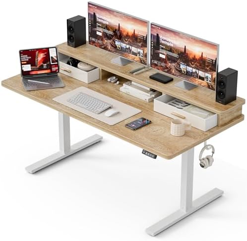 Grandder Electric Standing Desk with Two Drawers, Sit to Stand Up Height Adjustable Desk with Storage Shelf for Home Office, 55 * 24 Inch, Study, Ergonomic Adjustable Computer Desk, Oak by Grandder