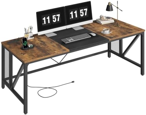 YATINEY 70.9" Computer Desk with Power Outlets, Gaming Desk, Large Office Executive Desk Workstation, Business Furniture for Home Office, Study, Rustic Brown and Black DN18UBR by Yatiney