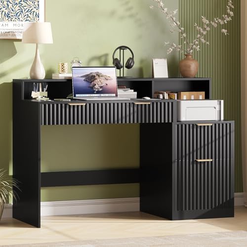 Vabches Fluted Computer Desk with Power Outlets, Home Office Desk with Drawers, Printer Stand, Wood Computer Desk with Long Monitor Stand, Black - Image 4