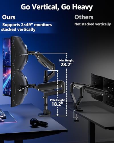 MOUNTUP Dual Monitor Stand Fits 49 45 42 40 39 34 32 Inch Screens, Heavy Duty Dual Monitor Arm Holds 7.7-44 lbs, Vertical Stacked Monitors Mount, Full Motion, Height Adjustable, VESA Mount - Image 3
