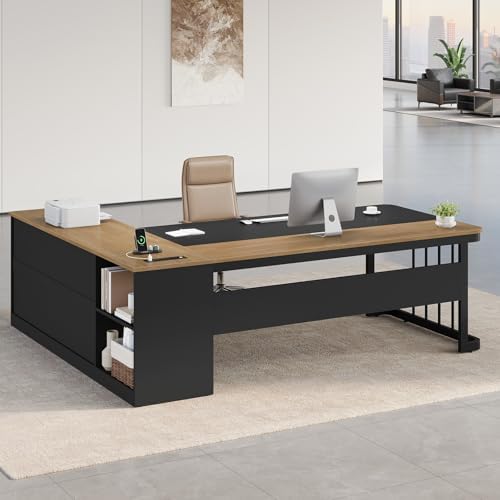 UPOSOJA 71" Executive Desk, Large Office Desk with Drawers & Storage Shelves, Modern L Shaped Computer Desk Corner Desk with Power Outlets, File Cabinet, Business Furniture Desk Workstation (Oak) - Image 6
