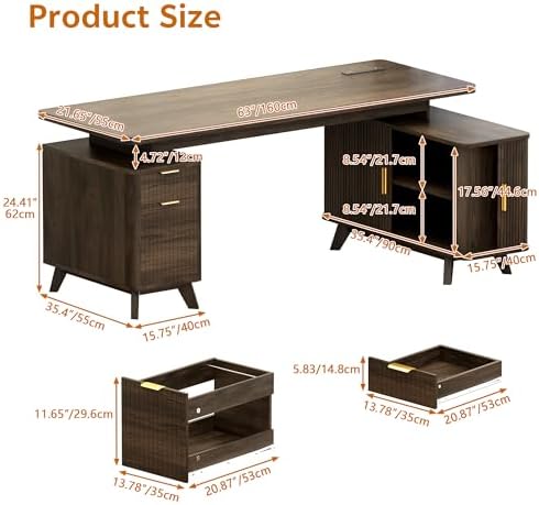 63" Farmhouse L Shaped Executive Desk, Brown - Image 2