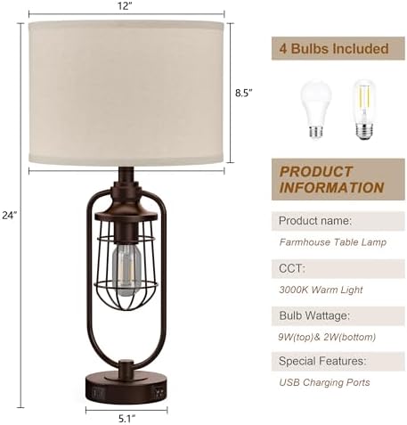 24" Rustic Farmhouse Table Lamps Set of 2 for Living Room, USB A+C - Image 6