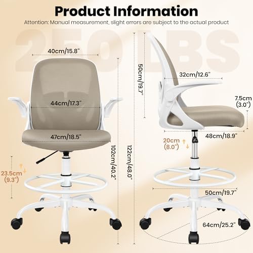 Primy Drafting Chair Tall Office Chair with Flip-up Armrests Executive Ergonomic Computer Standing Desk Chair with Lumbar Support and Adjustable Footrest Ring（Khaki） - Image 3