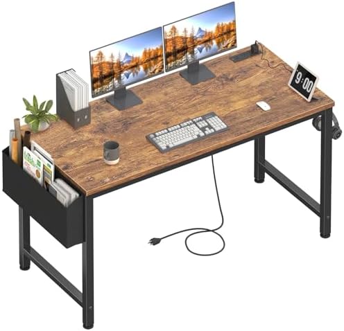 Lufeiya Gaming Desk with Power Outlet, 55 inch Teen Study Table Home Office Work Writing Computer Desks with Charging Station Outlets Built in, Brown by LUFEIYA