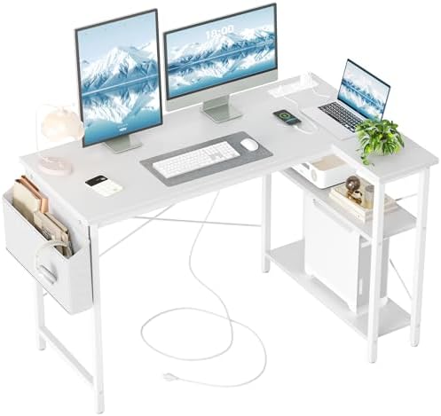 TIQLAB L Shaped Computer Desk with Power Outlets, 47 Inch Small Corner Desk with Reversible Shelves, Gaming Desk Computer Table Study Writing Desk for Home Office Small Space, White by TIQLAB