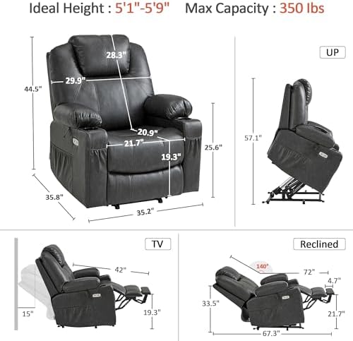 MCombo Electric Power Lift Recliner Chair Sofa with Massage and Heat for Elderly, 3 Positions, 2 Side Pockets, and Cup Holders, USB Ports, Faux Leather 7040 (Grey, Medium) - Image 3