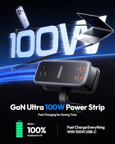 NTONPOWER 100W GAN Ultra Travel Power Strip, 7-in-1 USB C Charging Station with 3 Outlets 4 USB (2 Fast Charge)& 5FT Extension Cord, Compact Desktop Charger for MacBook, iPhone, Cruise, Office, Black - Image 2