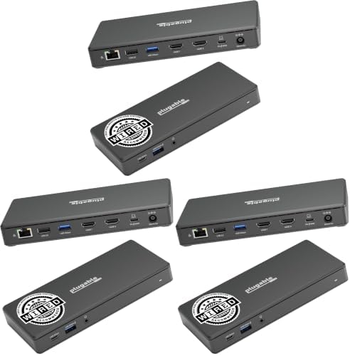 Plugable USB-C Docking Station Dual 4K 60Hz HDMI, 65W Charging, Gigabit Ethernet, 1x USB-C 5Gbps, 3X USB-A, Audio, Windows/ChromeOS, USB-C/USB4/Thunderbolt, Driverless (UD-MSTH2) (Pack of 3) by Plugable