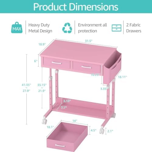 Pink Rolling Desk with Drawers, Small Height Adjustable Girls Standing Desk - Image 3