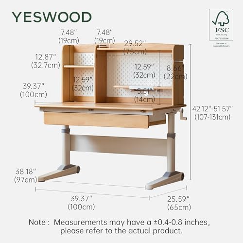 YESWOOD 21-30'' Height Adjustable Study Desk with Hutch, Beech Manual Crank Sit Stand Up Desk, 39'' Ergonomic Adjustable Small Low Desk with Pegboard & Shelf Hutch for Reading Writing Creative Moments - Image 2