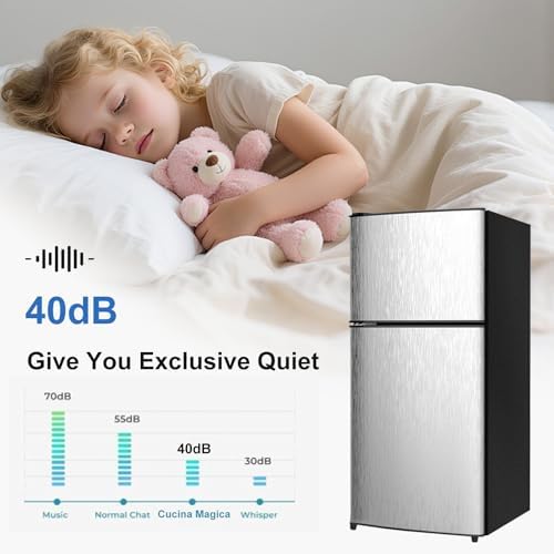 Cucina Magica Mini Fridge with Freezer, 3.2 cuft Small Refrigerator, 7 Adjustable Thermostat, Energy Saving, Low Noise, Double Door Compact Refrigerator for Dorm, Bedroom, Office - Silver - Image 6