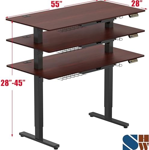 SHW 55 x 28 Electric Height Adjustable Standing Desk w/Drawer, Cherry - Image 3