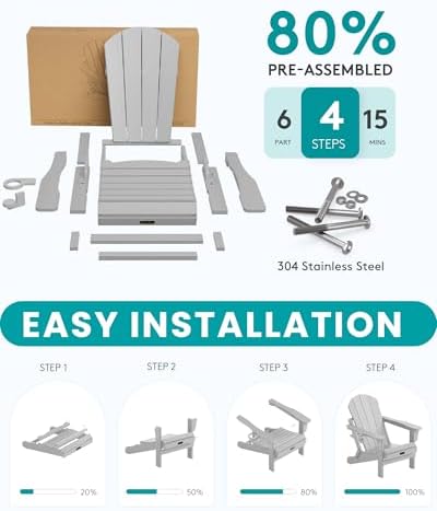 SERWALL Folding Adirondack Chair Set of 6 with Cup Holder - Light Gray - Image 3
