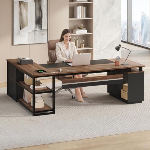 71" L Shaped Corner Home Office Desk, Large Executive Computer Desk with Lockable File Cabinet, 2 Drawers, Storage Cabinet, Power Outlets, CPU Stand, Storage Shelves & Modesty Panel, Walnut - Image 3
