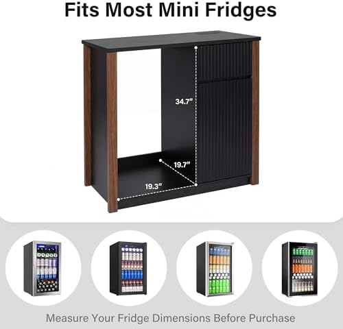 Mini Fridge Cabinet with Storage & Power Outlet, Coffee Bar Cabinet, Black - Image 3