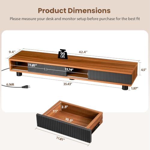 Artswish Dual Monitor Stand with Power Outlet, 42" Walnut Monitor Riser - Image 3