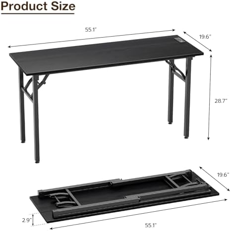 TEMI Long Computer Desk Folding Table - No Assembly, Compact 55.1" Foldable Desk with Power Outlets & USB Charging Port, Portable Lagre Office Desk, Study Table for Narrow Spaces, Dark Oak - Image 3