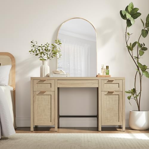 SICOTAS Rattan Home Office Desk with Storage, 52" Boho Executive Desk - Image 4