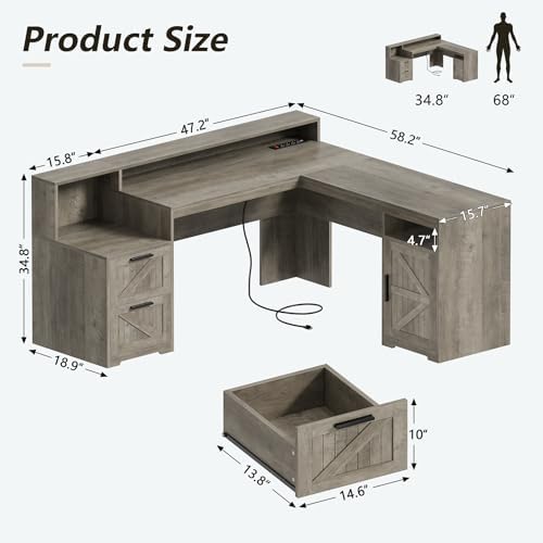 63" Farmhouse L Shaped Desk with Drawers & Printer Shelf for Home Office - Image 2