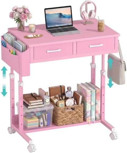 Pink Rolling Desk with Drawers, Small Height Adjustable Girls Standing Desk by Unknown