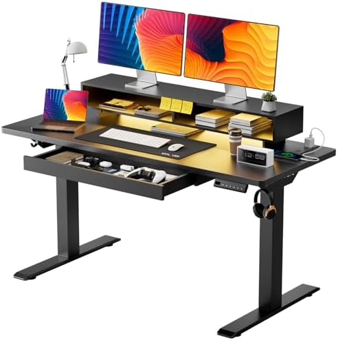 GTPLAYER Electric Standing Desk with Drawers, 48 x 24 Inch Height Adjustable Gaming Desk with Monitor Stand, Power Outlets & LED Lights, Home Office Sit Stand Up Desk with Memory Preset (Black) by GTPLAYER