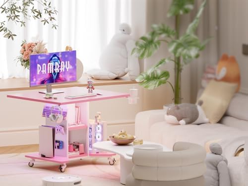 Pamray Small Gaming Desk Rolling Computer Table Pink - Image 2