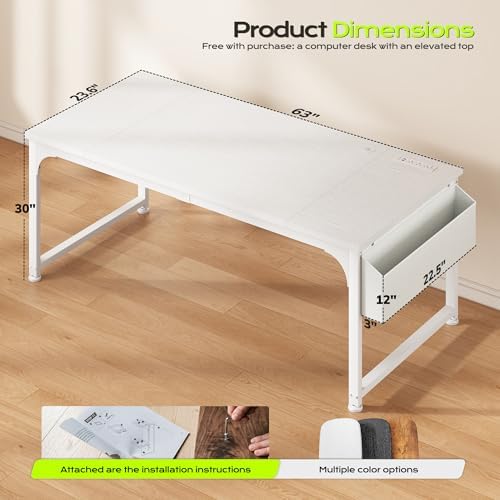 DurayLoly 63 x 24 Computer Desk, 2X Thicker Desktop,2.2” Steel Frame, White - Image 2