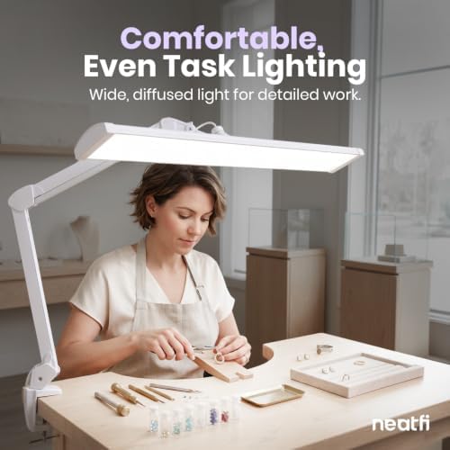Neatfi Pro LED Task Lamp with Clamp | CRI 95 | 50W | 342 LED Beads | 4,500 Lumens | Touch Dimming | 6500K Daylight | Desk Light for Reading, Crafting & Home Office Use (White-7, 31.8-Inch Wide Shade) - Image 6