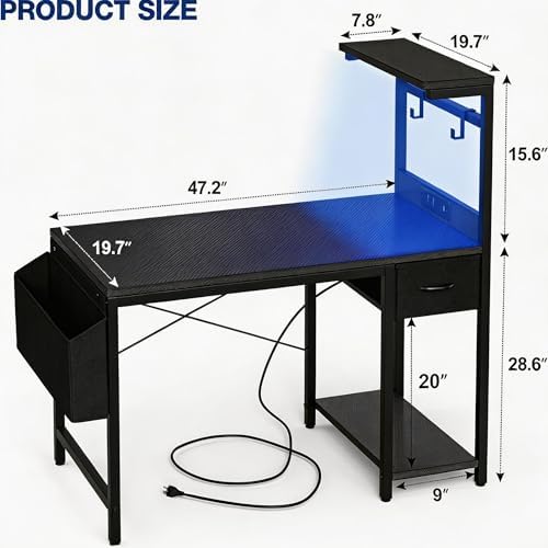 Grandder Gaming Desk 47 Inch with Power Outlet and LED Light, Computer Desk with Reversible Shelves and Storage Drawer, Pc Small Desk for Home Office Table with Bag, Carbon Fiber Black - Image 3