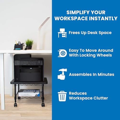 Mount-It! Under Desk Printer Stand with Wheels | Mobile Printer and Fax Cart with Storage Shelf for Office and Home Use, 2 Tiers (Black) - Image 2