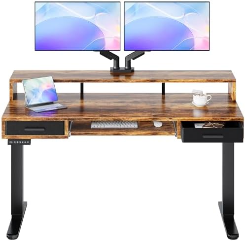 HUANUO 55″ X 26″ Electric Standing Desk with 2 Drawers &24.4″ Large Keyboard Tray, C-Clamp Mount Compatible, Adjustable Computer Desk for Office, Sit Stand Up Desk with 4 Height Presets, Vintage Brown by HUANUO