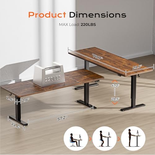 Huuger 78.7'' x 29.5'' Large Electric Standing Desk, Height Adjustable Computer Desk, 29.5" Deep Desktop, Stand up Gaming Office Desk with 2 Hooks, 3 Preset Heights, for Home Office, Rustic Brown - Image 2