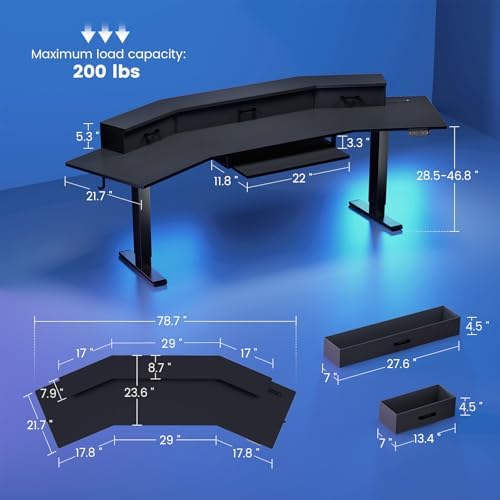 SEDETA 79'' Electric Standing Gaming Desk with Drawers and Led Lights, Height Adjustable Computer Desk with Power Outlet, Keyboard Tray for Home Office, Workstation, Stand up Gaming Table, Black - Image 2