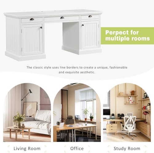 67" Large Executive Office Desk, Modern White Wood Office Computer Desk, Rectangle Home Office Desk with 2 Wooden Doors Storage Cabinet and 3 Drawers, Writing Table,Workstation (White, 67") - Image 7