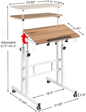 SIDUCAL Small Standing Desk, Portable Stand Up Desk, Height Adjustable Mobile Standing Table Converter with Wheels Computer Workstations, Rolling Laptop Cart for Stand or Sit, Vintage Oak - Image 3