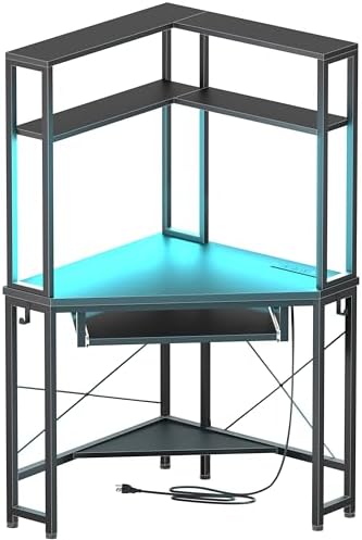 Corner Desk with Hutch and LED Light, Keyboard Tray, Black by Uniheim