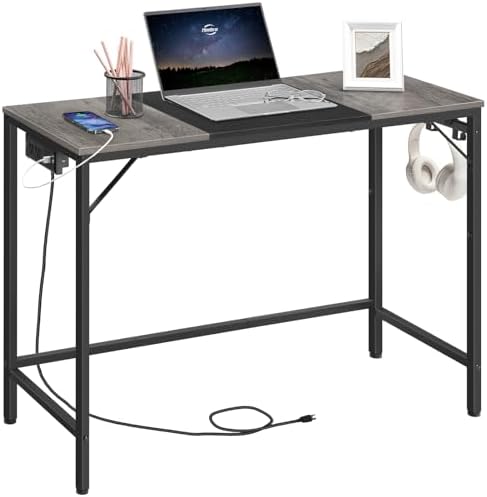 HOOBRO Computer Desk, 39.3 Inch Small Desk with Power Outlet, Writing Table with USB Charging Ports and 3 Hooks for Home Office, Bedroom, Easy to Assemble, Charcoal Gray and Black BC41UDN01 by HOOBRO