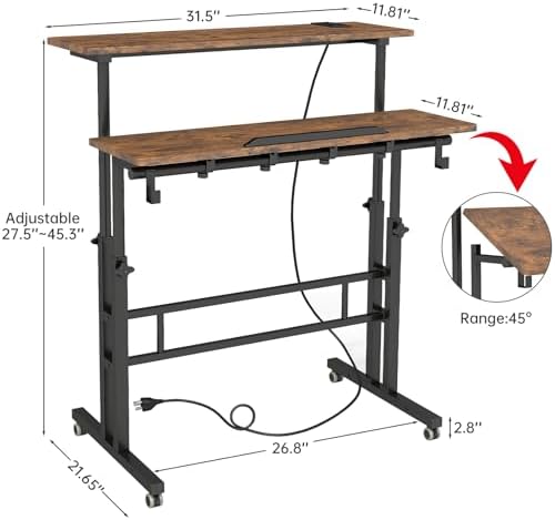 SIDUCAL Mobile Standing Desk with Charging Station, Portable Desk for Walking Pad, Adjustable Computer Workstation with Wheels, Office Table Stand with Tilted Desktop 23.62" D X 31.5" W Rustic Brown - Image 2