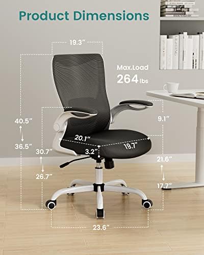MUXX.STIL Office Chair, Ergonomic Desk Chair with Adjustable Lumbar Support and Flip up Armrest, Breathable Mesh Computer Chair for Home Office, White - Image 2