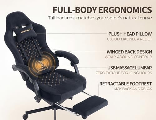 Office Desk Computer Gaming Chair for Adults, Ergonomic High Back Gamer Chair with Massage and Pocket Spring Cushion, Swivel Comfy Video Game Chairs with Footrest and Lumbar Support (Black Fabric) - Image 5