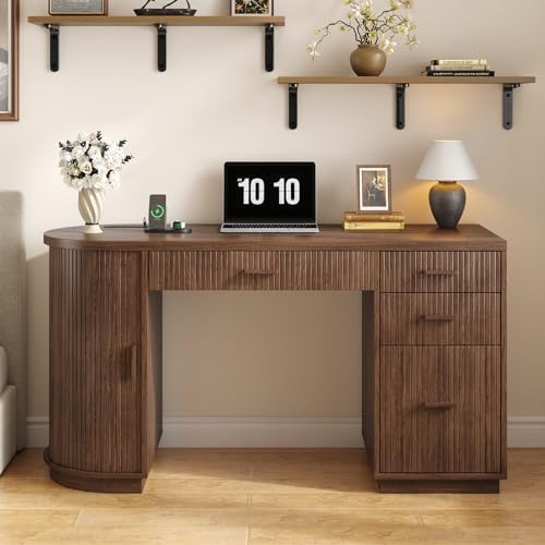 ONBRILL 58 Inch Fluted Executive Desk with File Drawer, Walnut - Image 5