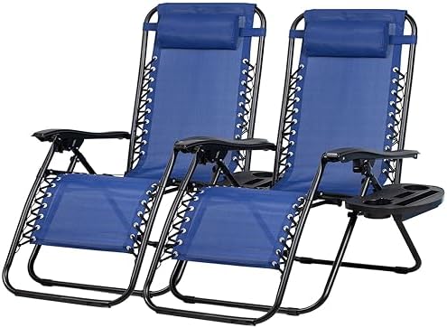 Nazhura Set of 2 Relaxing Recliners Patio Chairs Adjustable Steel Mesh Zero Gravity Lounge Chair Beach Chairs with Pillow and Cup Holder (Blue) by NazhuraGoodCompanionAtHome