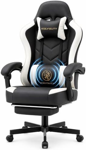 Office Desk Computer Gaming Chair for Adults, Ergonomic High Back Gamer Chair with Massage and Pocket Spring Cushion, Swivel Comfy Video Game Chairs with Footrest and Lumbar Support (Black White) by Wismestr