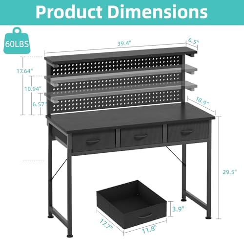 MUTUN Computer Desk with Drawers, 40 Inch Computer Desk with Power Outlet & LED Light, Gaming Desk with Adjustable Monitor Stand & Pegboard, Modern PC Study Writing Table for Bedroom, Black - Image 3